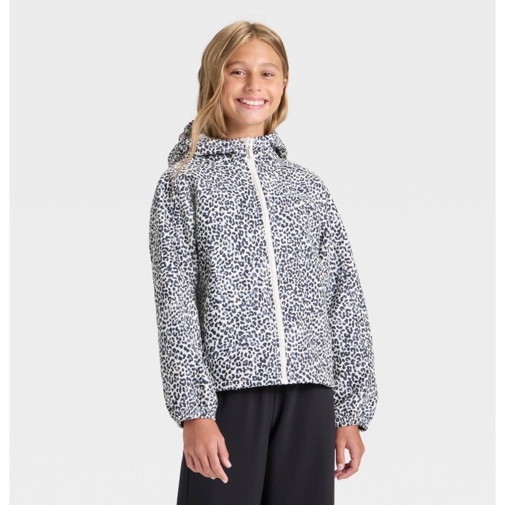 All in Motion Girls Leopard Sherpa Lined Windbreaker Jacket White Black S 6/7
